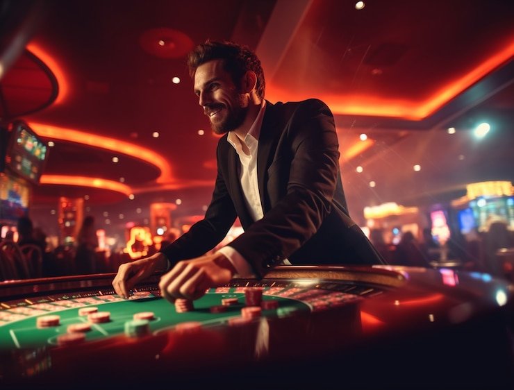 Layar permainan live-dealer idnslot dengan studio multi-kamera dan pemain profesional